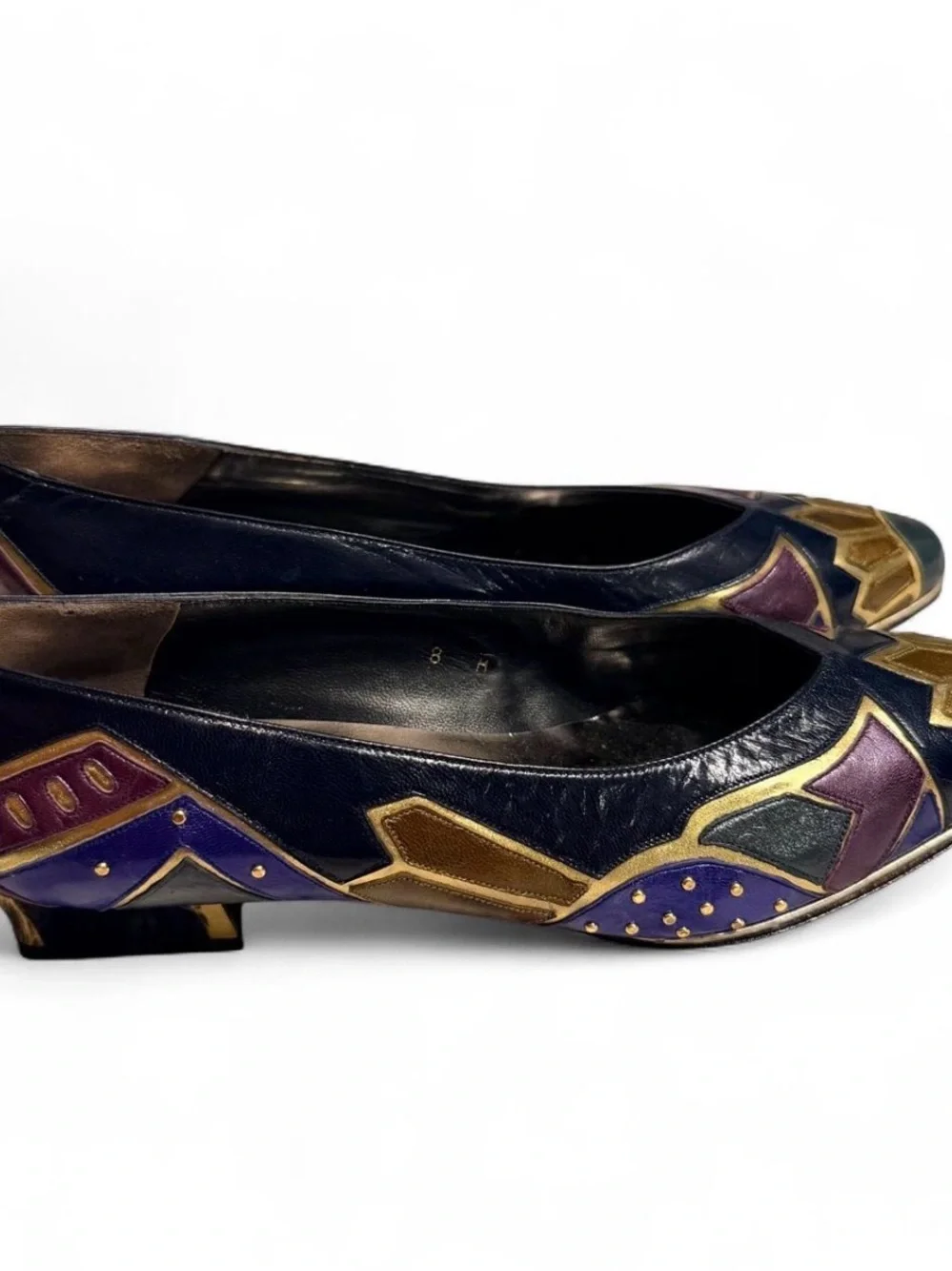 Women's Black Leather Pumps with Purple & Gold Accent Detailing